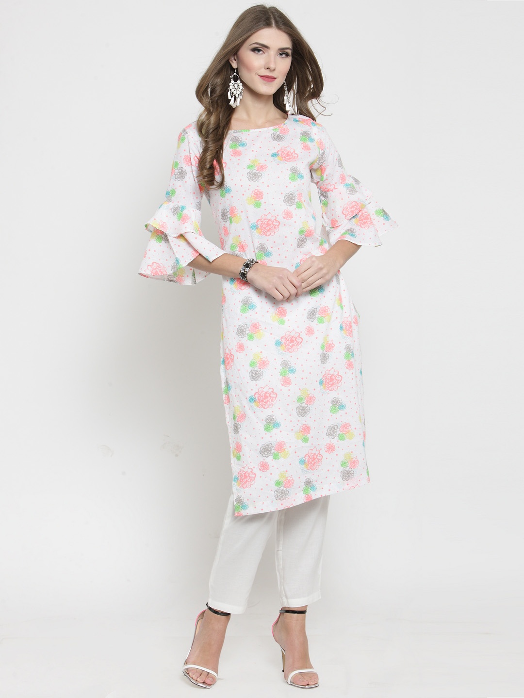 

Sera Women White & Pink Printed Kurta with Trousers