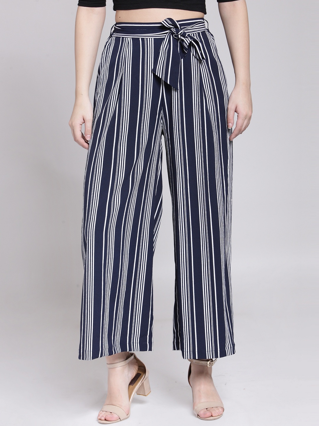 

plusS Women Navy Blue Striped Flared Palazzos