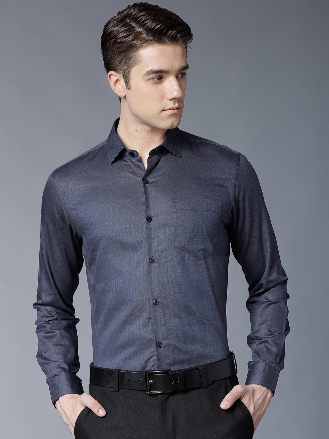 

Black coffee Men Grey Slim Fit Self Design Formal Shirt