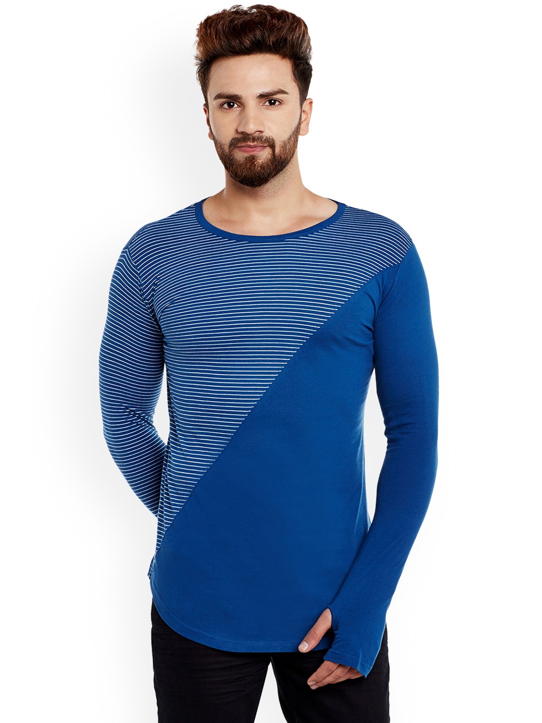 

Hypernation Men Blue Striped Round Neck T-shirt