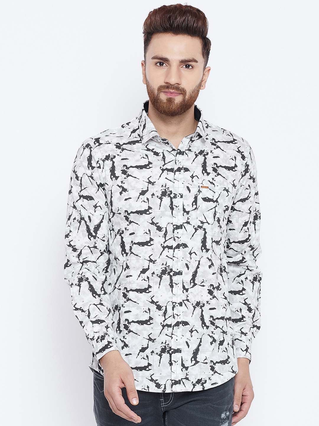 

Canary London Men White & Coffee Brown Slim Fit Printed Casual Shirt