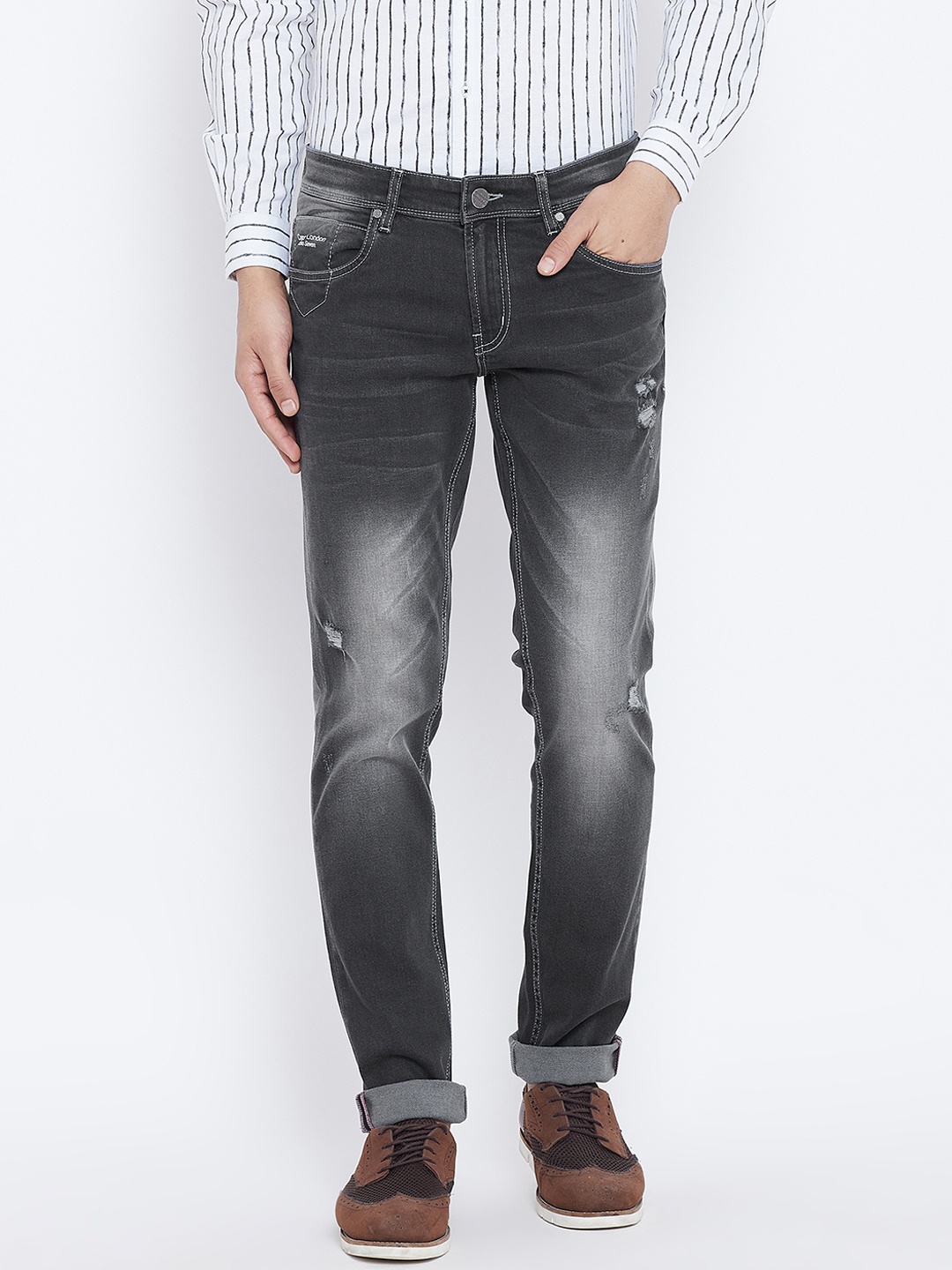 

Canary London Men Grey & Black Skinny Fit Mid-Rise Low Distress Jeans