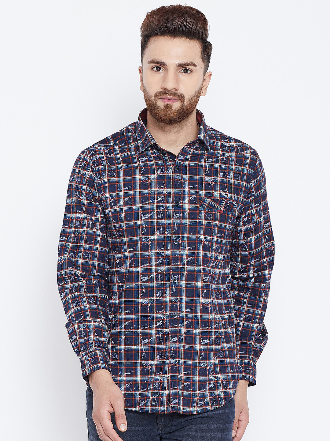 

Canary London Men Navy Blue & Rust Slim Fit Checked Casual Shirt