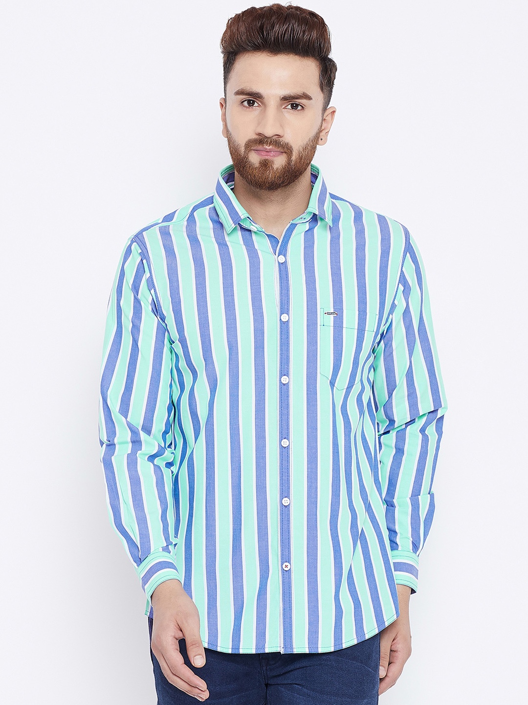 

Canary London Men Turquoise Blue & Blue Slim Fit Striped Casual Shirt