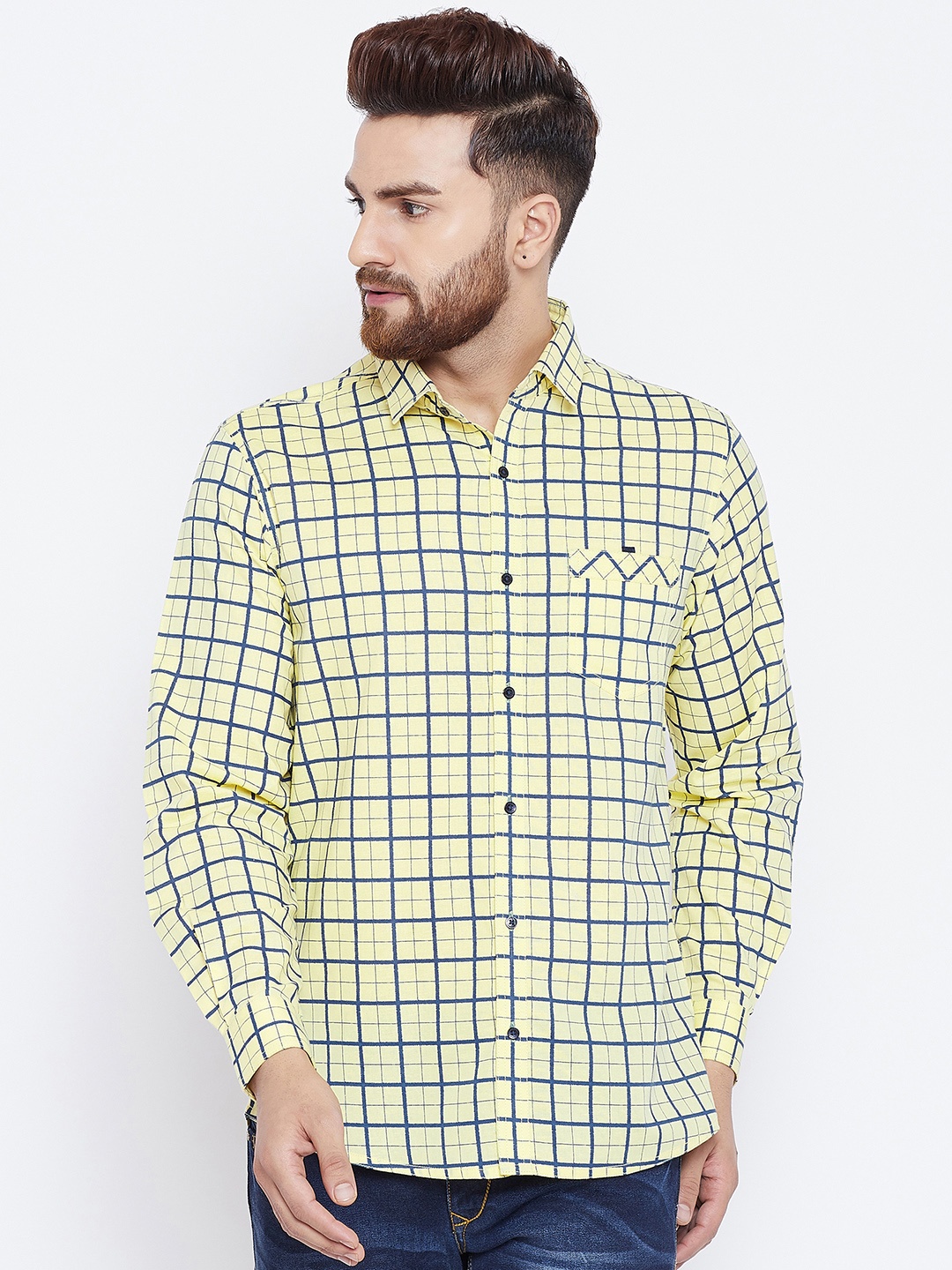 

Canary London Men Yellow & Navy Blue Slim Fit Checked Casual Shirt