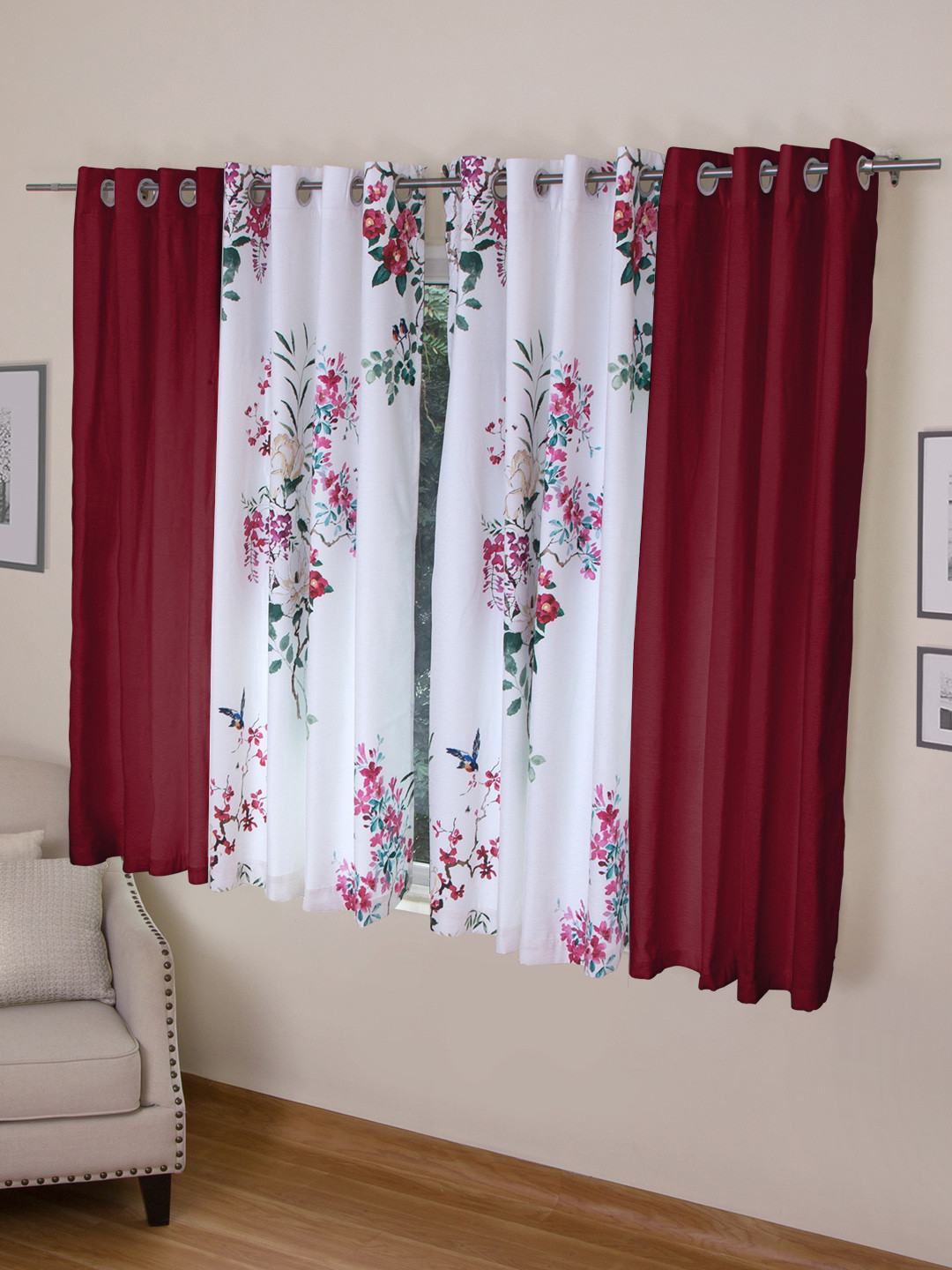 

ROSARA HOME Maroon & White Set of 4 Window Curtains