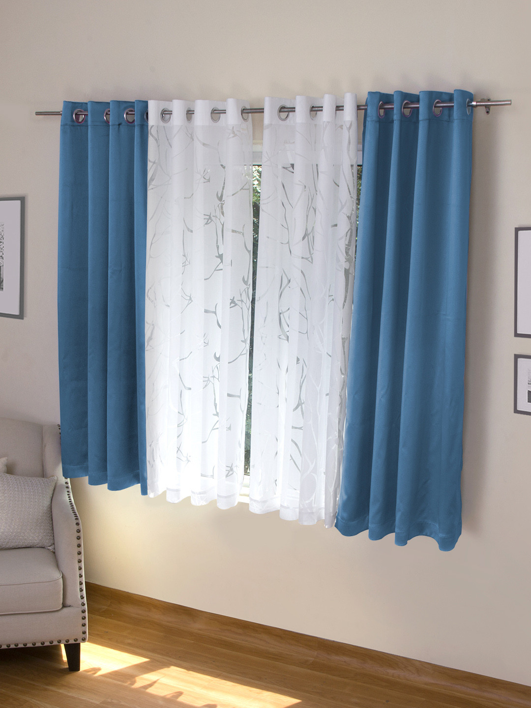 

ROSARA HOME Blue & White Set of 4 Window Curtains