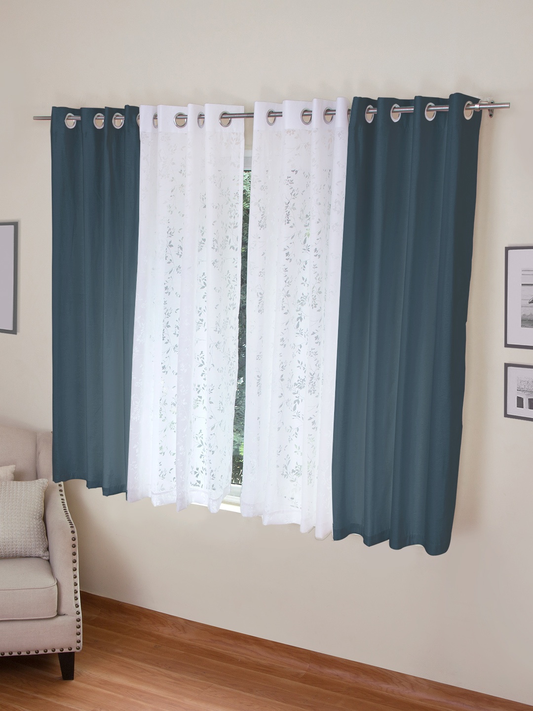 

ROSARA HOME Blue & White Set of 4 Window Curtains