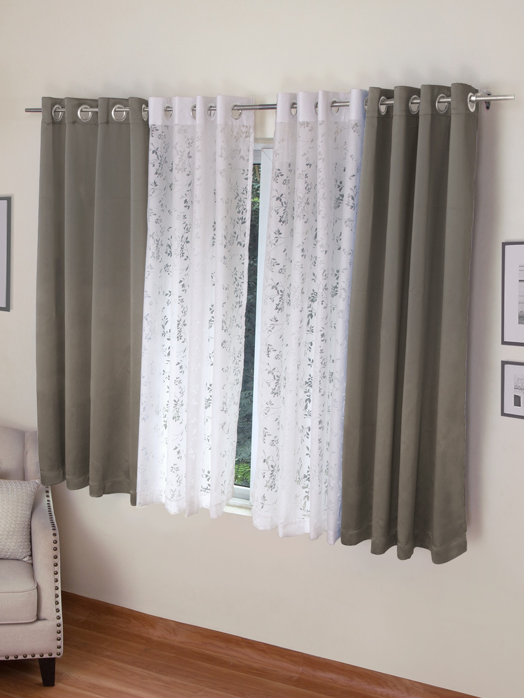 

ROSARA HOME Brown & White Set of 4 Window Curtains