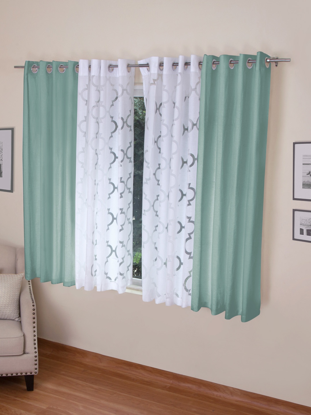 

ROSARA HOME Turquoise Blue & White Set of 4 Window Curtains