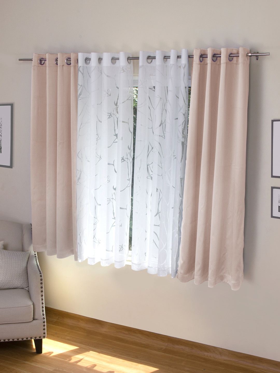 

ROSARA HOME Peach-Coloured & White Set of 4 Window Curtains