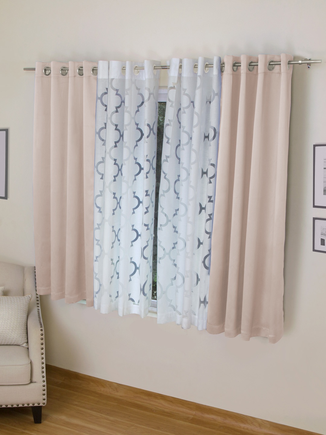 

ROSARA HOME Peach-Coloured & White Set of 4 Window Curtains