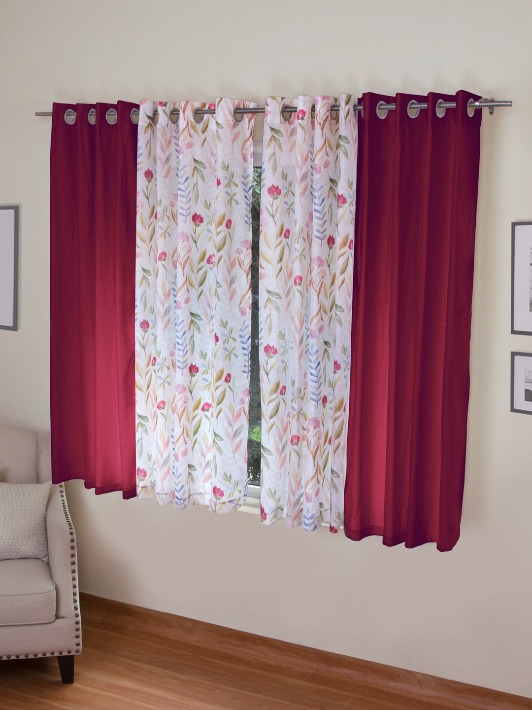 

ROSARA HOME Maroon & White Set of 4 Window Curtains