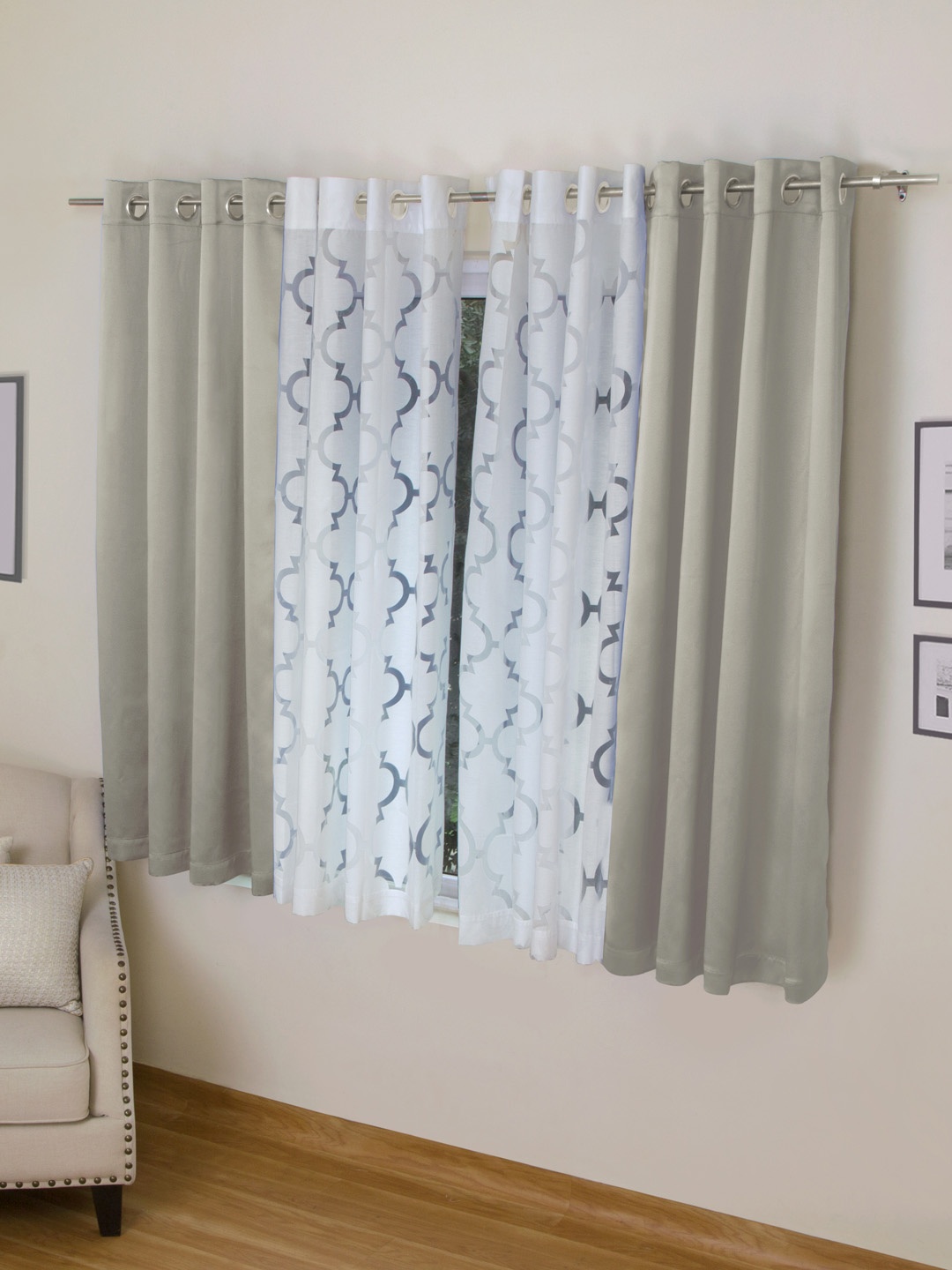 

ROSARA HOME Taupe & White Set of 4 Window Curtains