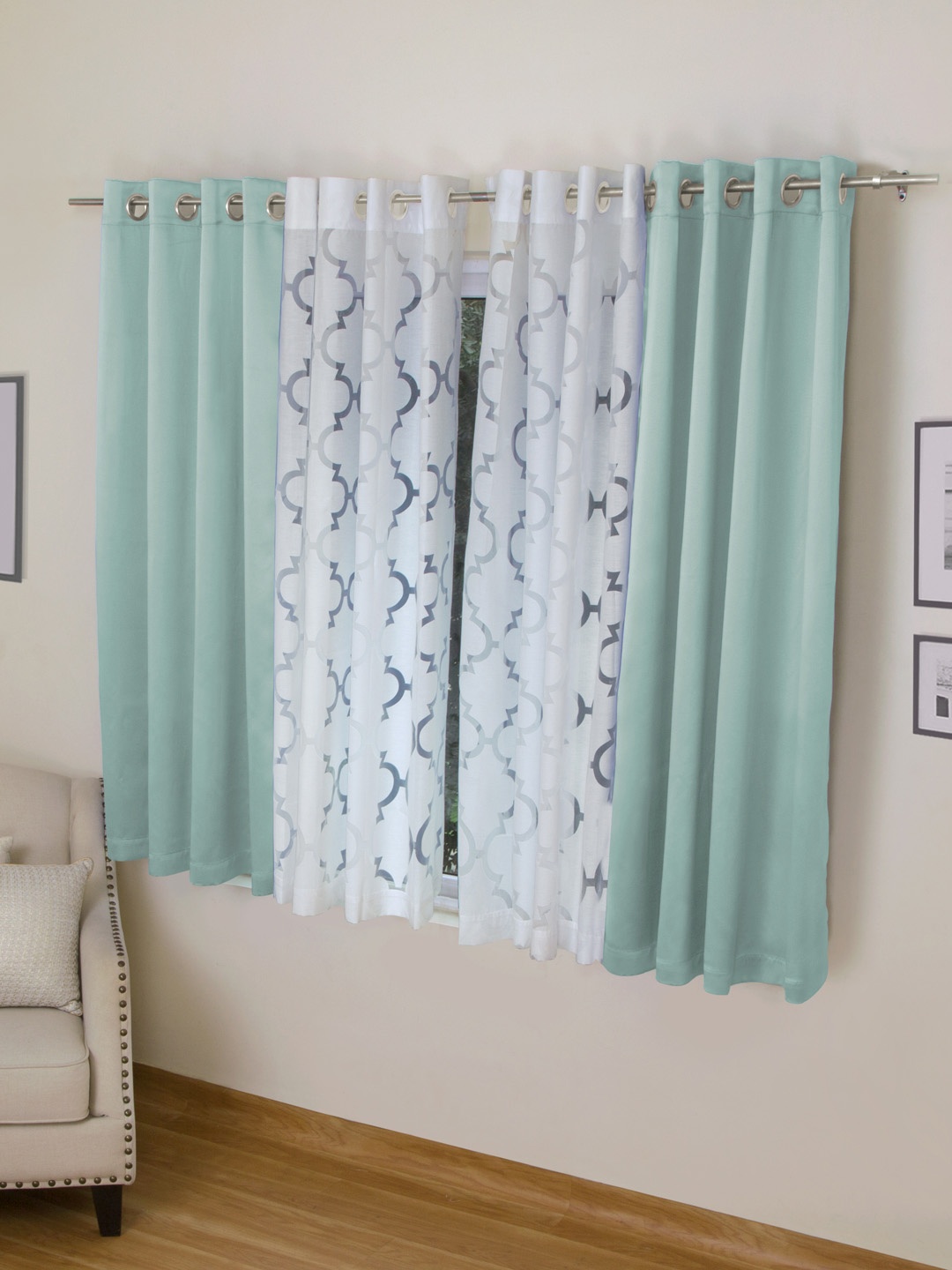 

ROSARA HOME Sea Green & White Set of 4 Window Curtains