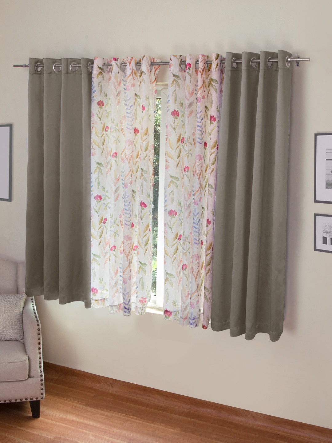 

ROSARA HOME Brown & Off-White Set of 4 Window Curtains