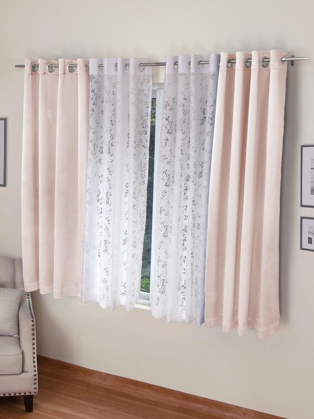 

ROSARA HOME Peach-Coloured & White Set of 4 Window Curtains