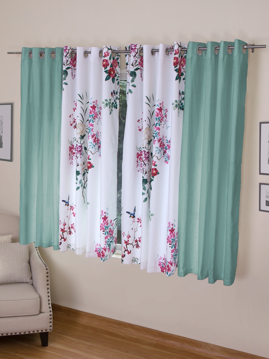 

ROSARA HOME Turquoise Blue & White Set of 4 Window Curtains