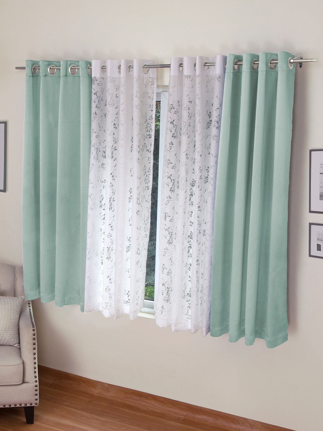 

ROSARA HOME Sea Green & White Set of 4 Window Curtains