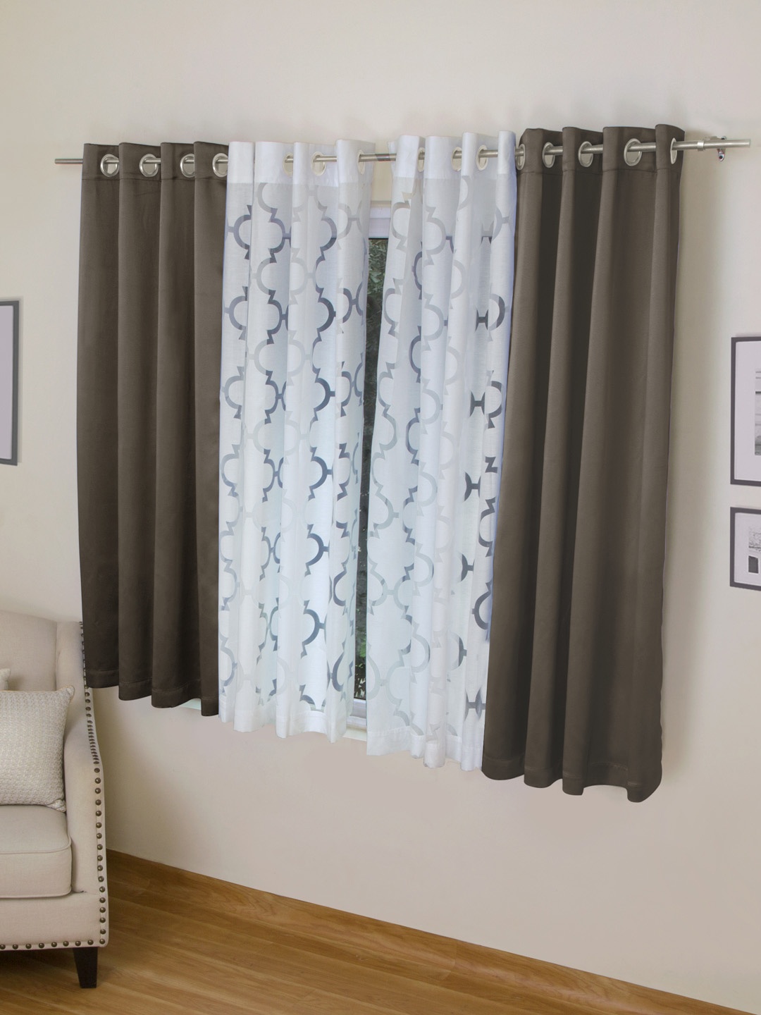 

ROSARA HOME Brown & White Set of 4 Window Curtains