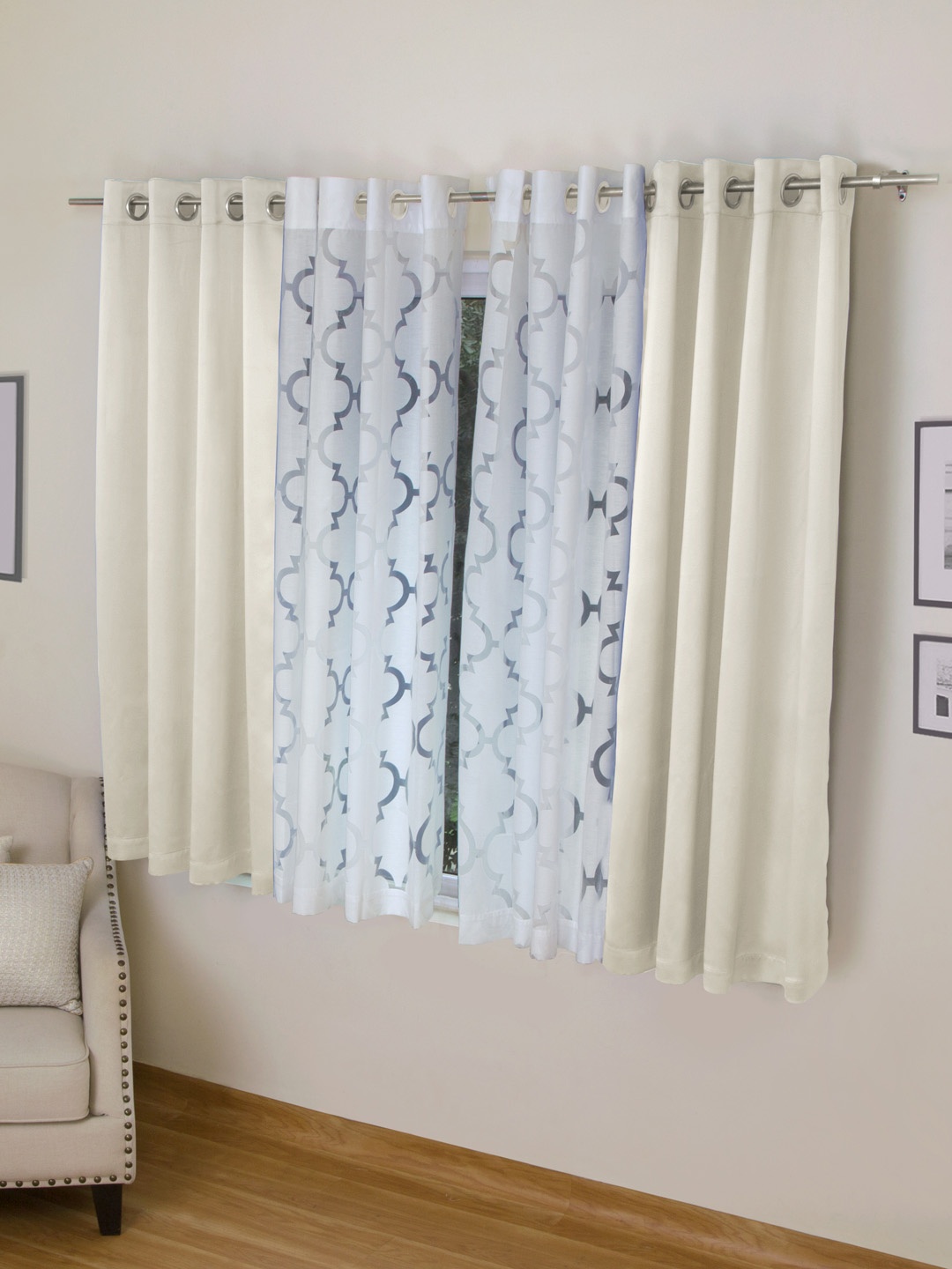 

ROSARA HOME Cream-Coloured & White Set of 4 Window Curtains