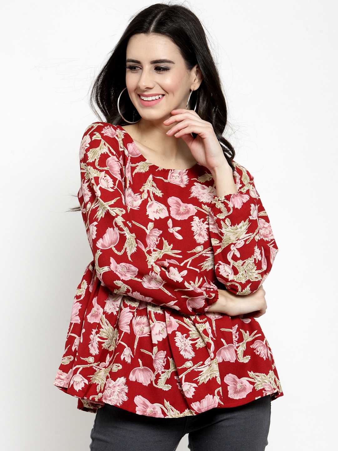 

Sera Women Maroon & Beige Printed Peplum Top