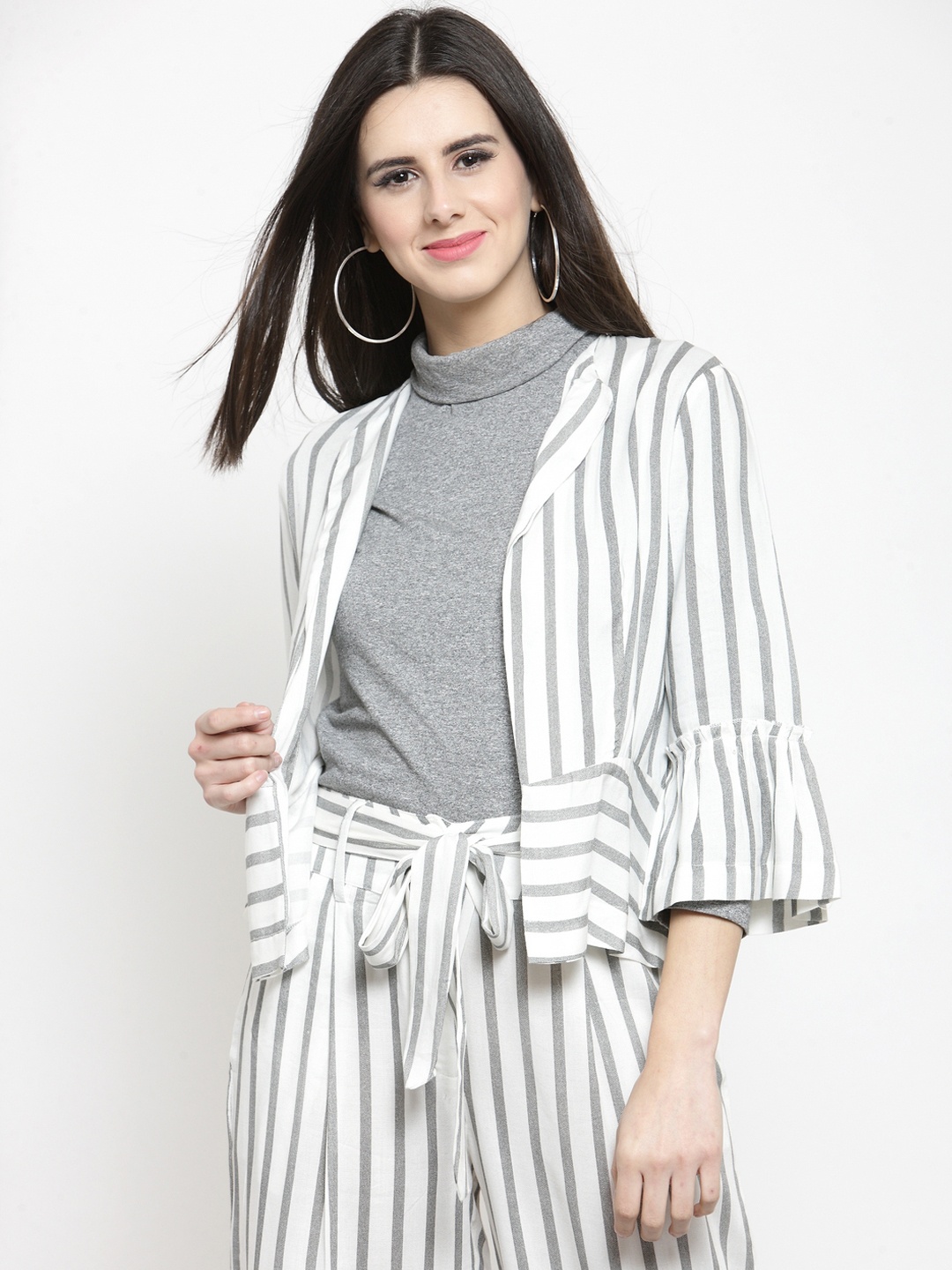 

Sera Women White Striped Open Front Jacket