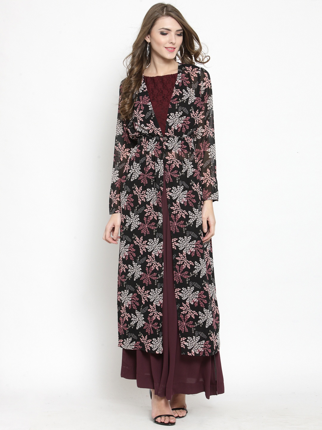 

Sera Women Black Printed Button Longline Shrug