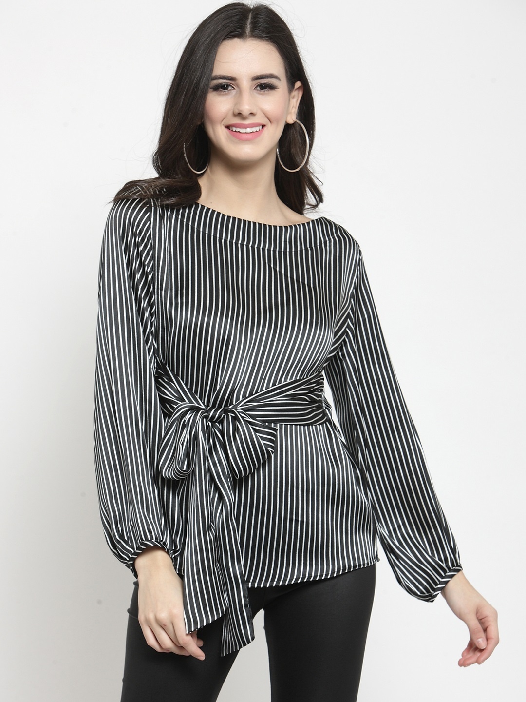 

Sera Women Black & White Striped Cinched Waist Top