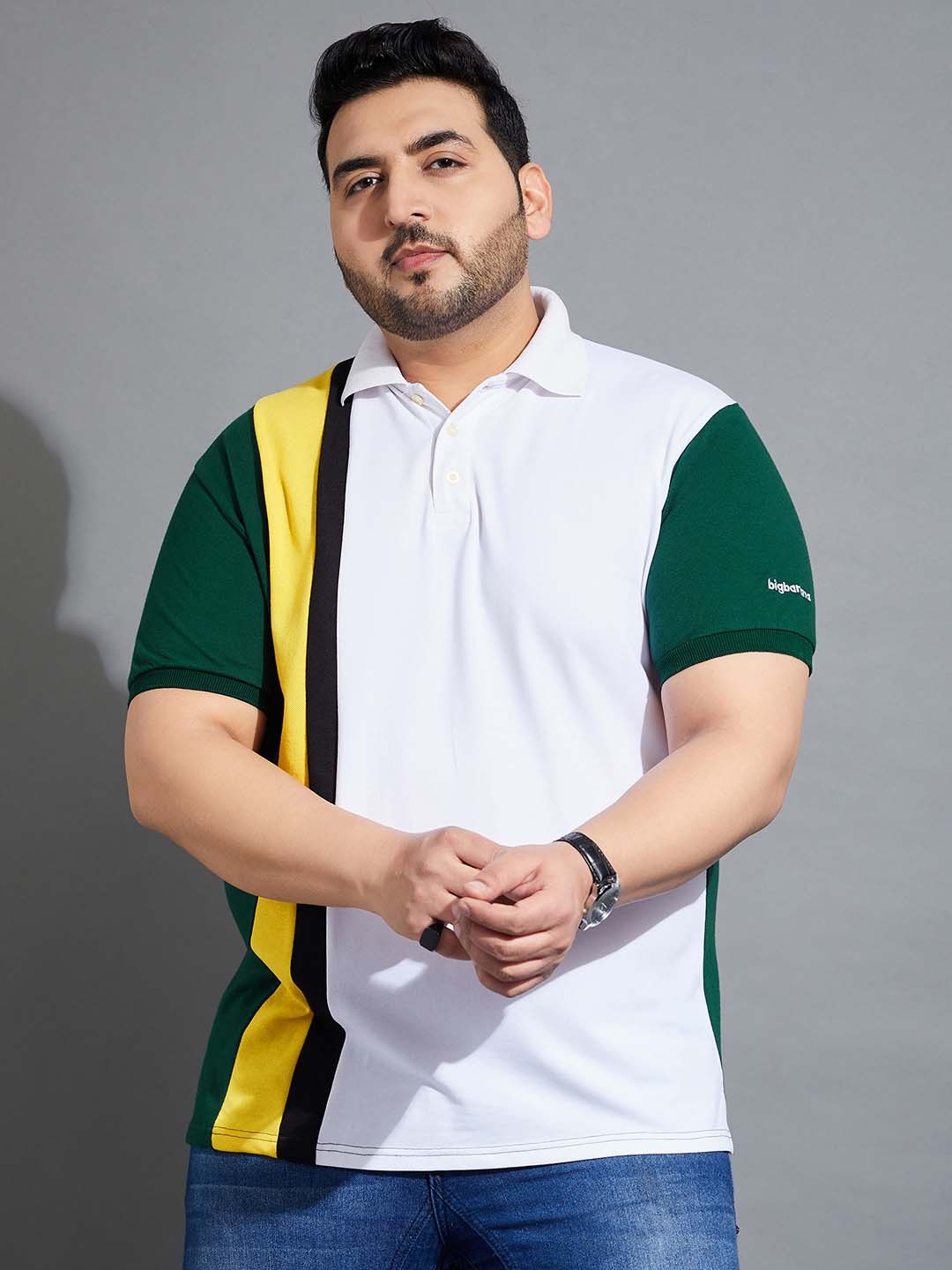 

bigbanana Plus Size Men White Green Colourblocked Polo Collar Pure Cotton T-shirt