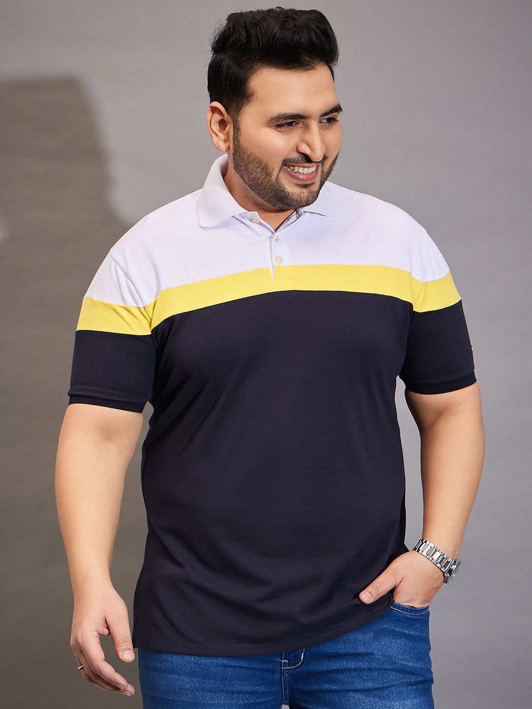

bigbanana Plus Size Men Navy Blue Colourblocked Polo Collar T-shirt