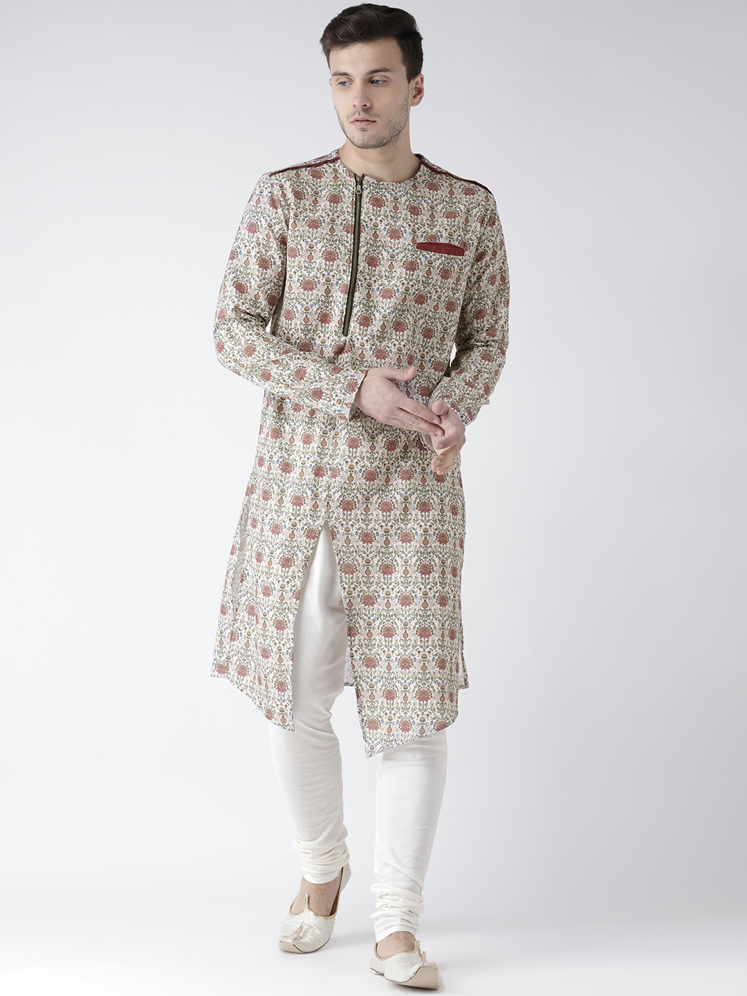 

KISAH Men White & Beige Printed Straight Kurta
