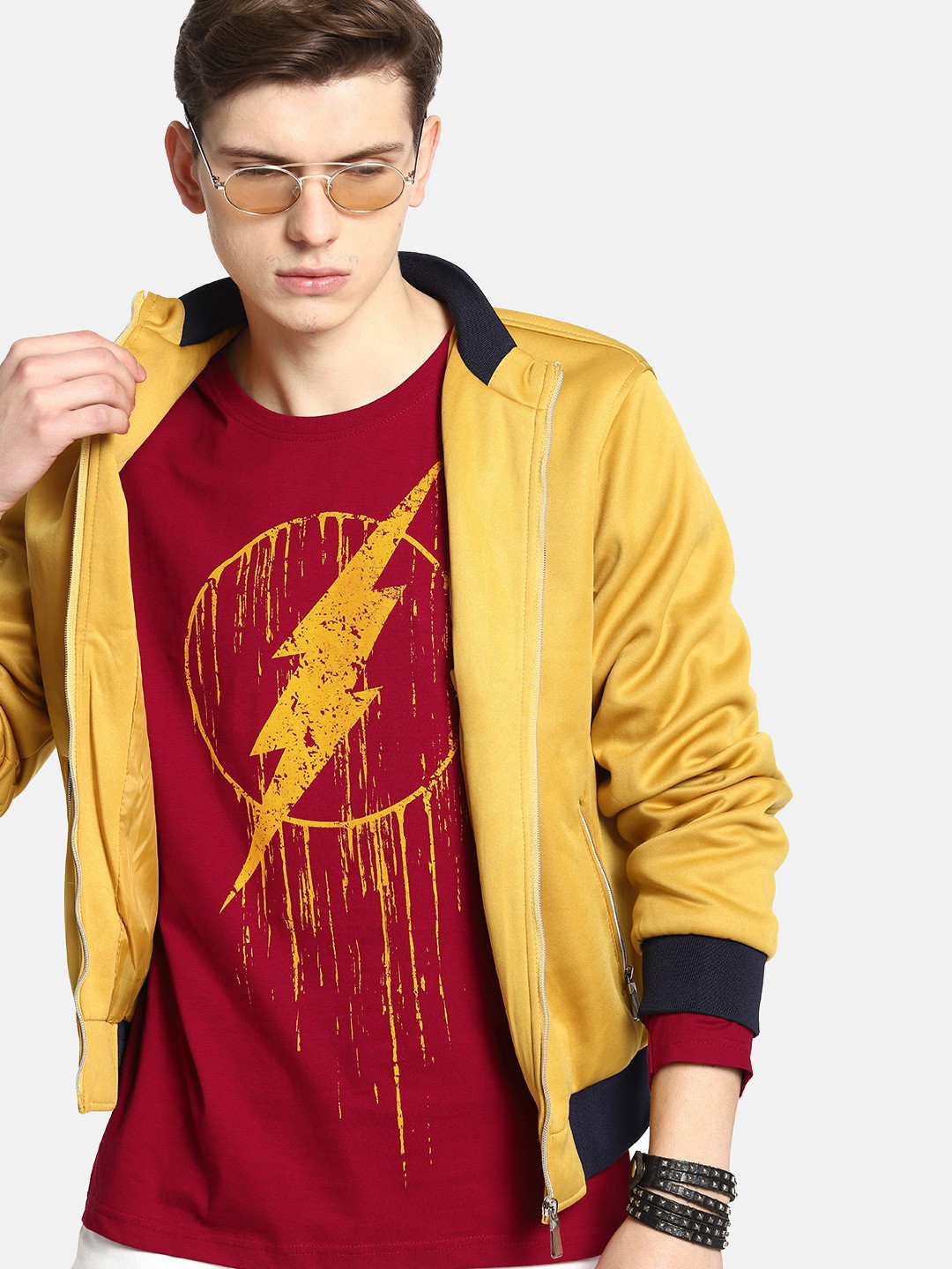 

Justice League Men Red Mustard Yellow Printed Round Neck Pure Cotton T-shirt