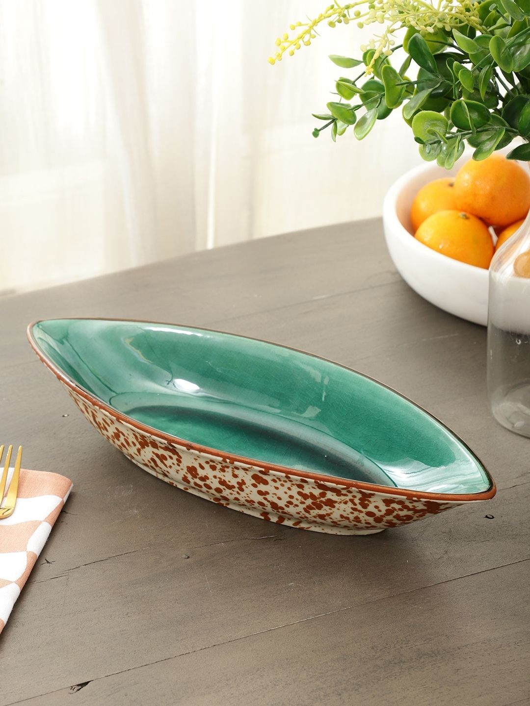 

VarEesha Sea Green Hand Painted Mosaic Boat Serving Bowl