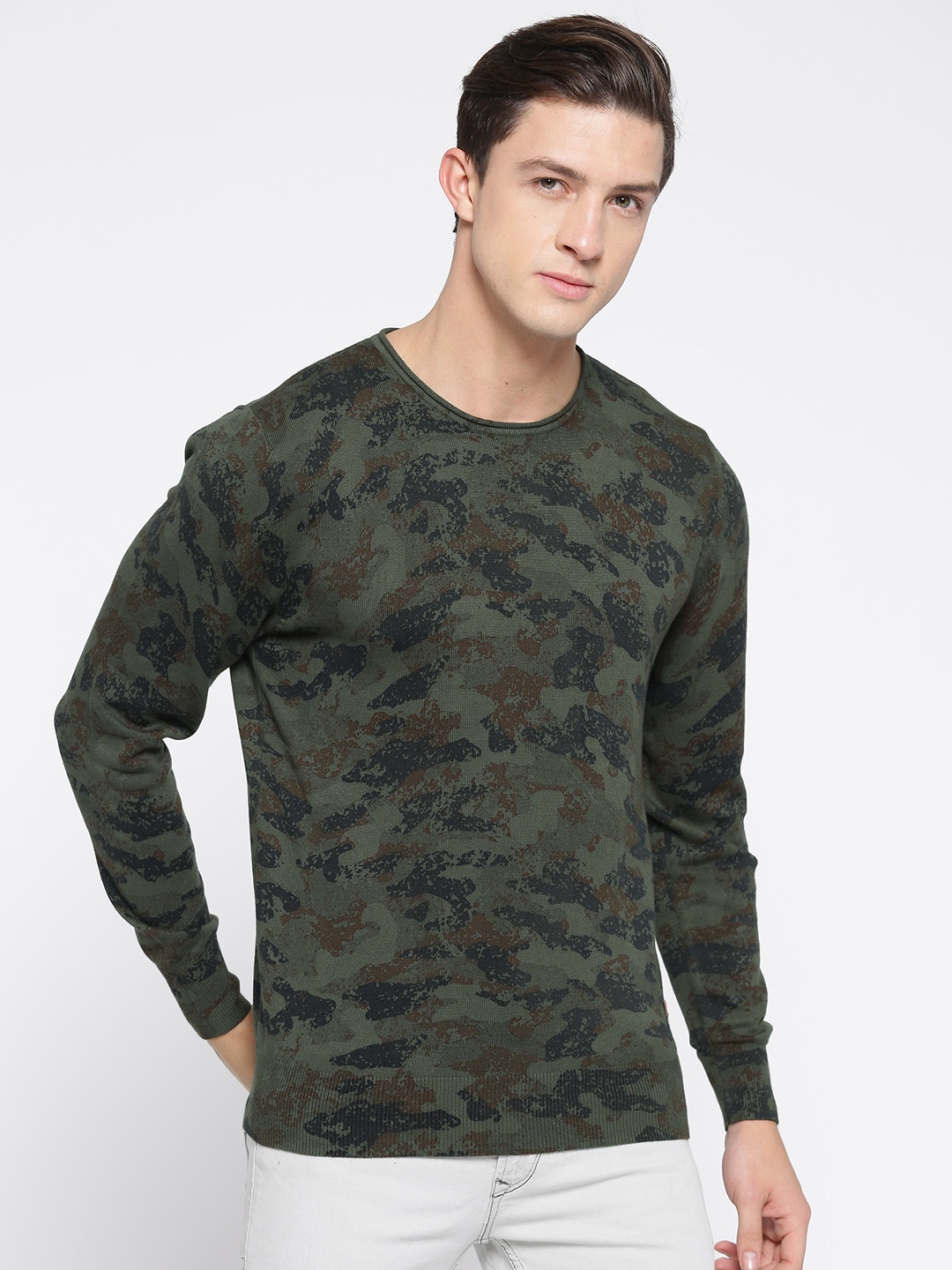 

Ed Hardy Men Olive Green & Navy Blue Camouflage Print Pullover