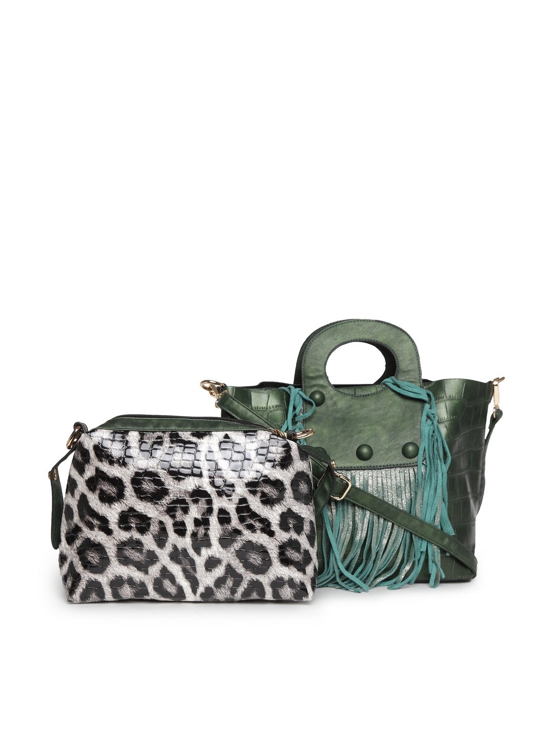 

Moedbuille Green Textured Handheld Bag with Pouch