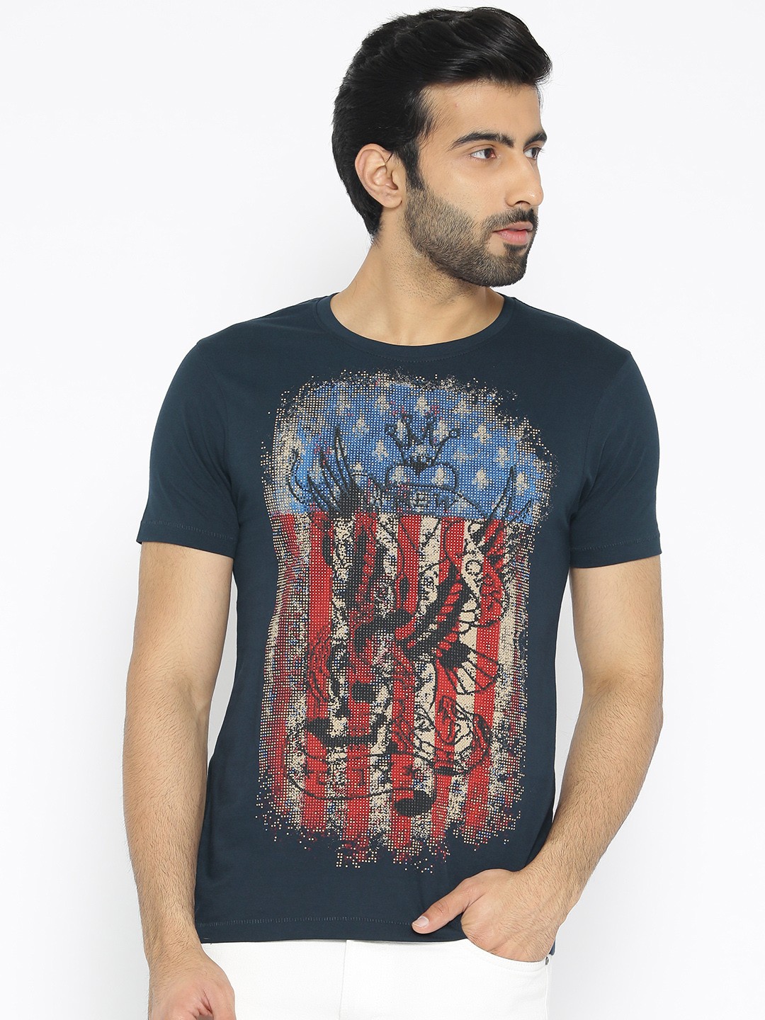 

Ed Hardy Men Navy Blue Printed Round Neck T-shirt