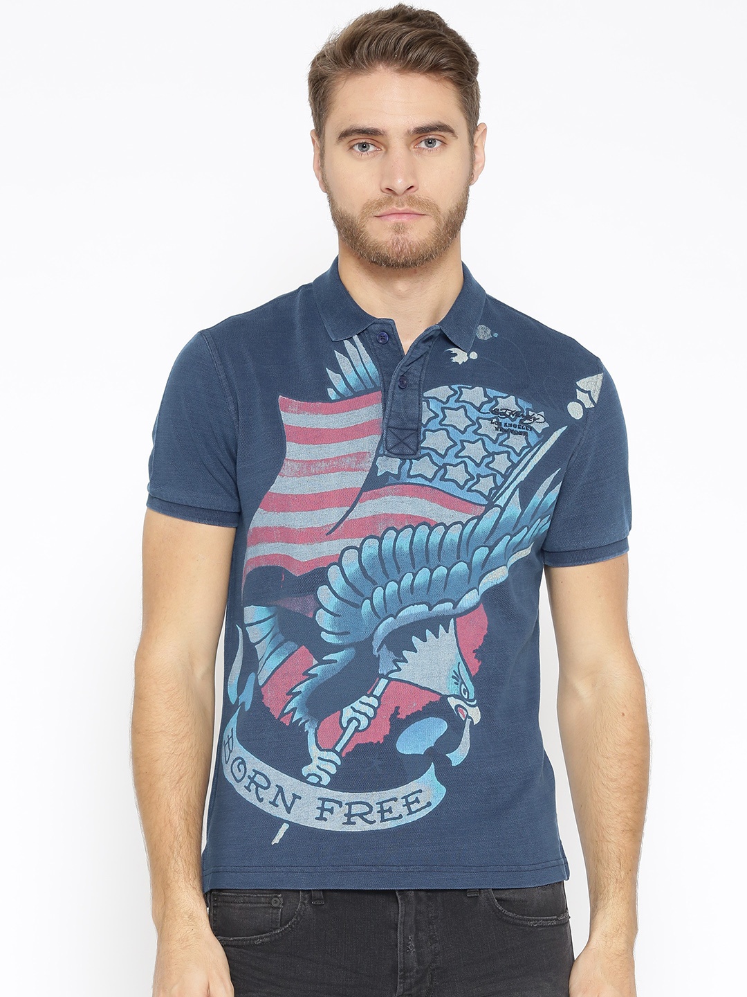

Ed Hardy Men Blue Printed Polo Collar Pure Cotton T-shirt