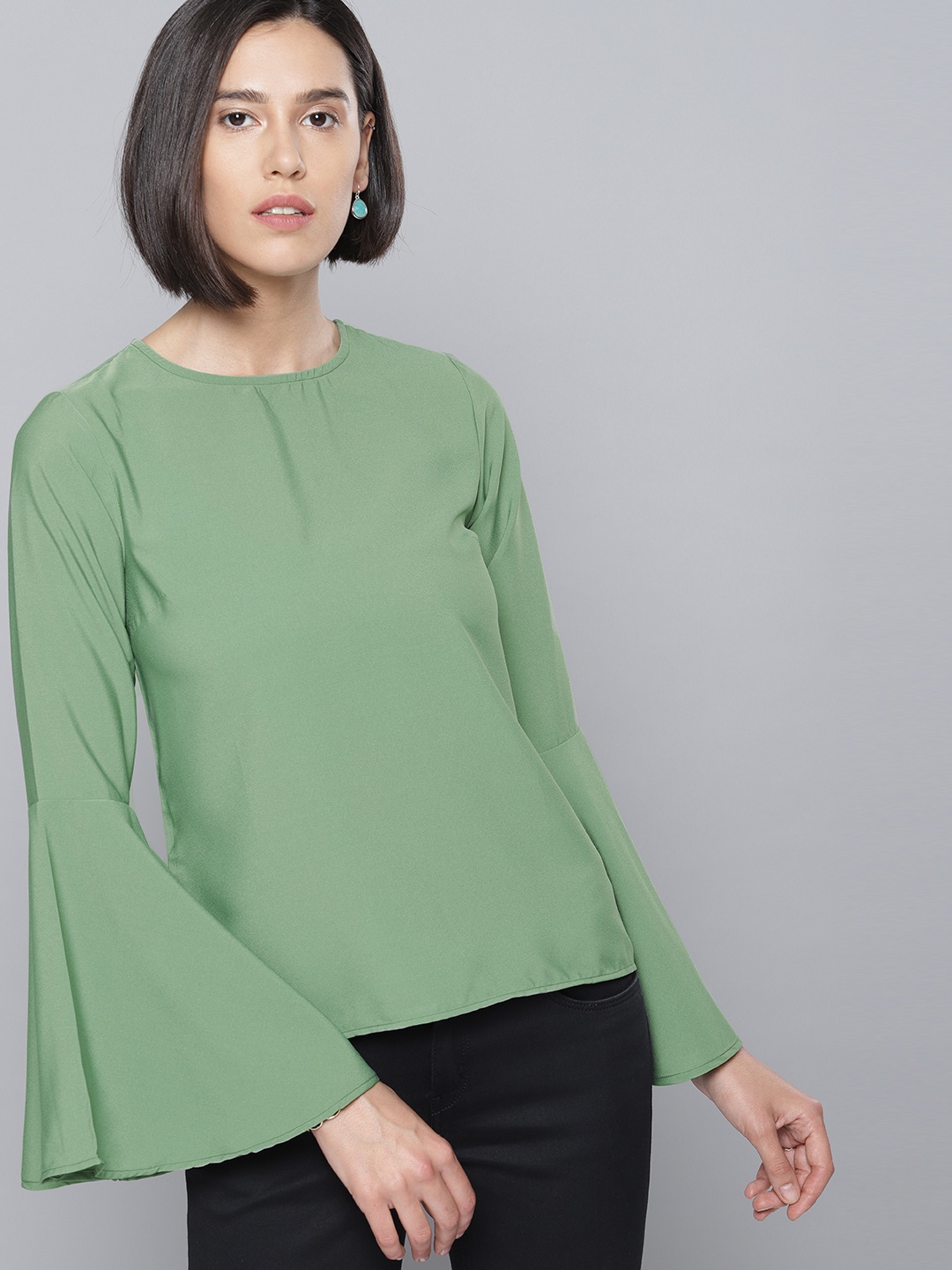 

Tokyo Talkies Women Olive Green Solid A-Line Top