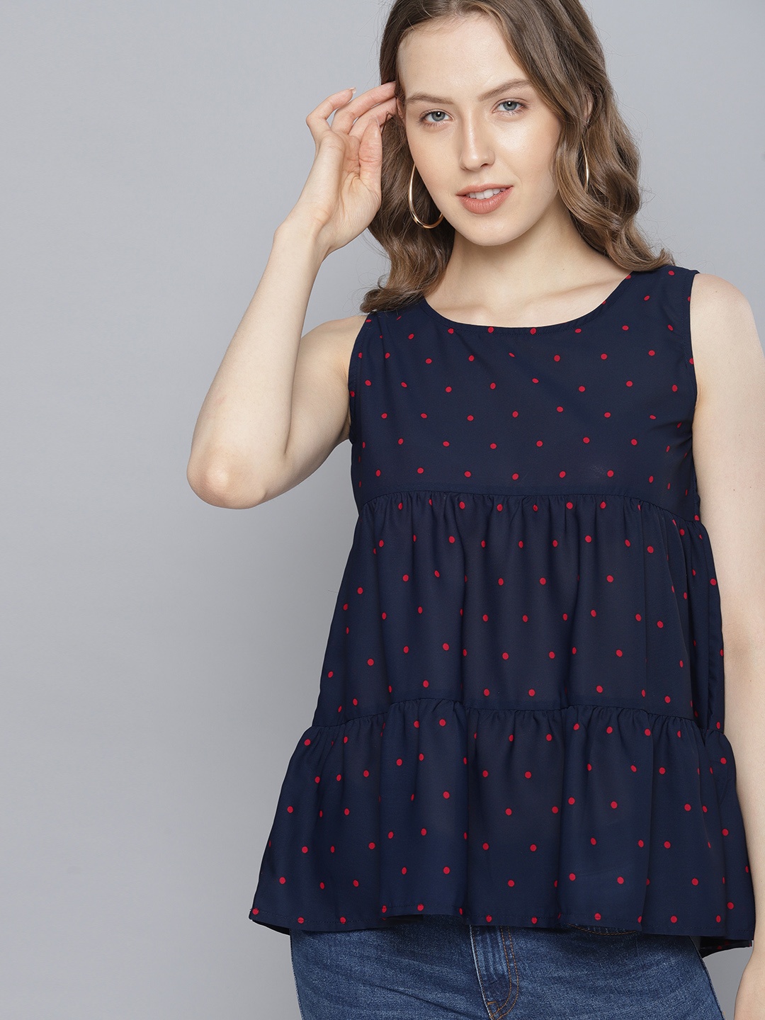 

Tokyo Talkies Women Navy Blue Printed Tiered Top