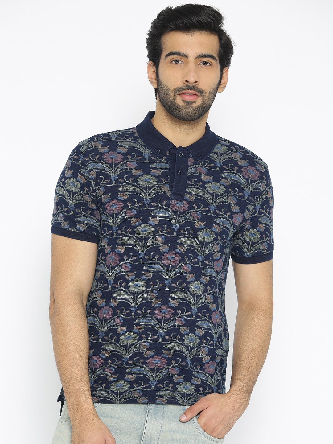

Ed Hardy Men Navy Blue Printed Polo Collar T-shirt