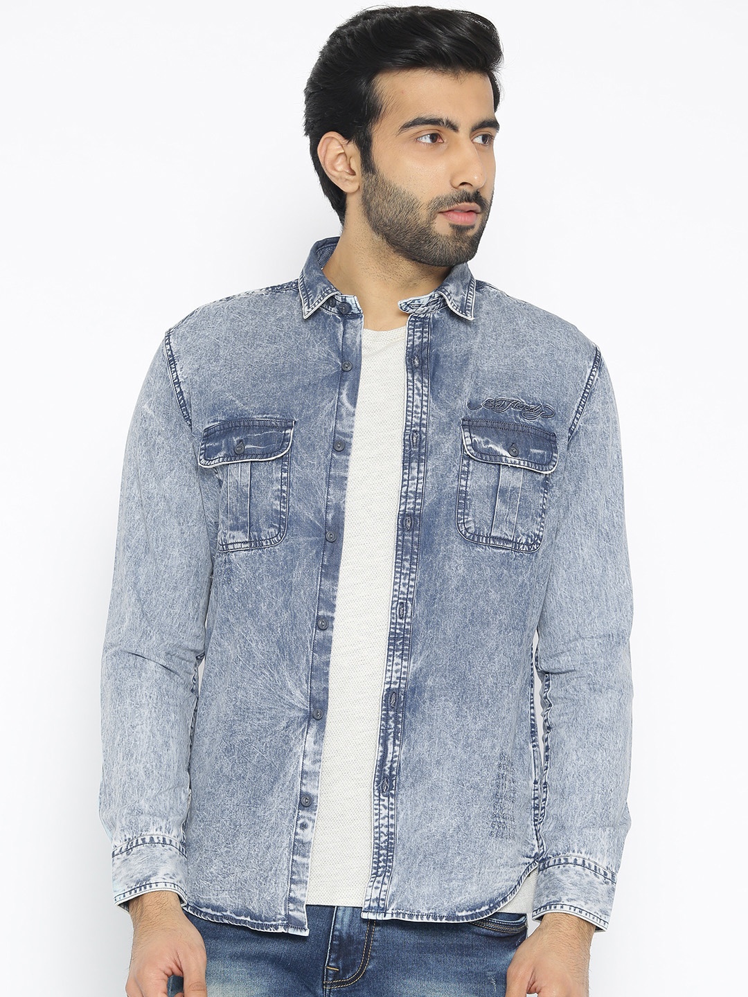 

Ed Hardy Men Blue Regular Fit Denim Faded Casual Shirt