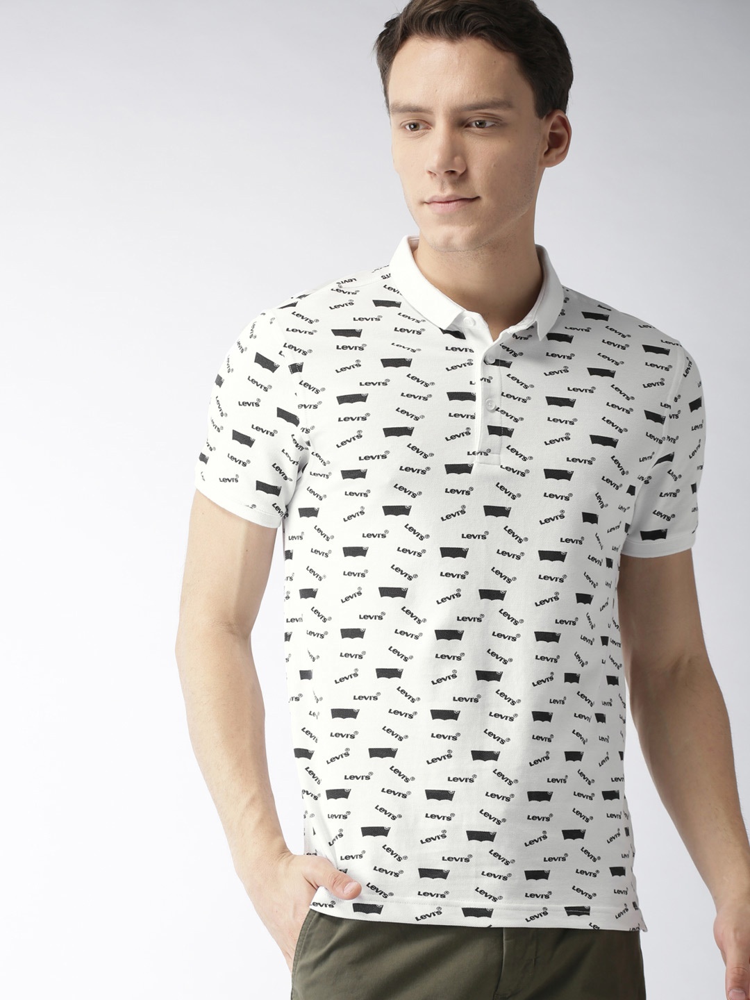 

Levis Men White Black Printed Polo Collar Pure Cotton T-shirt