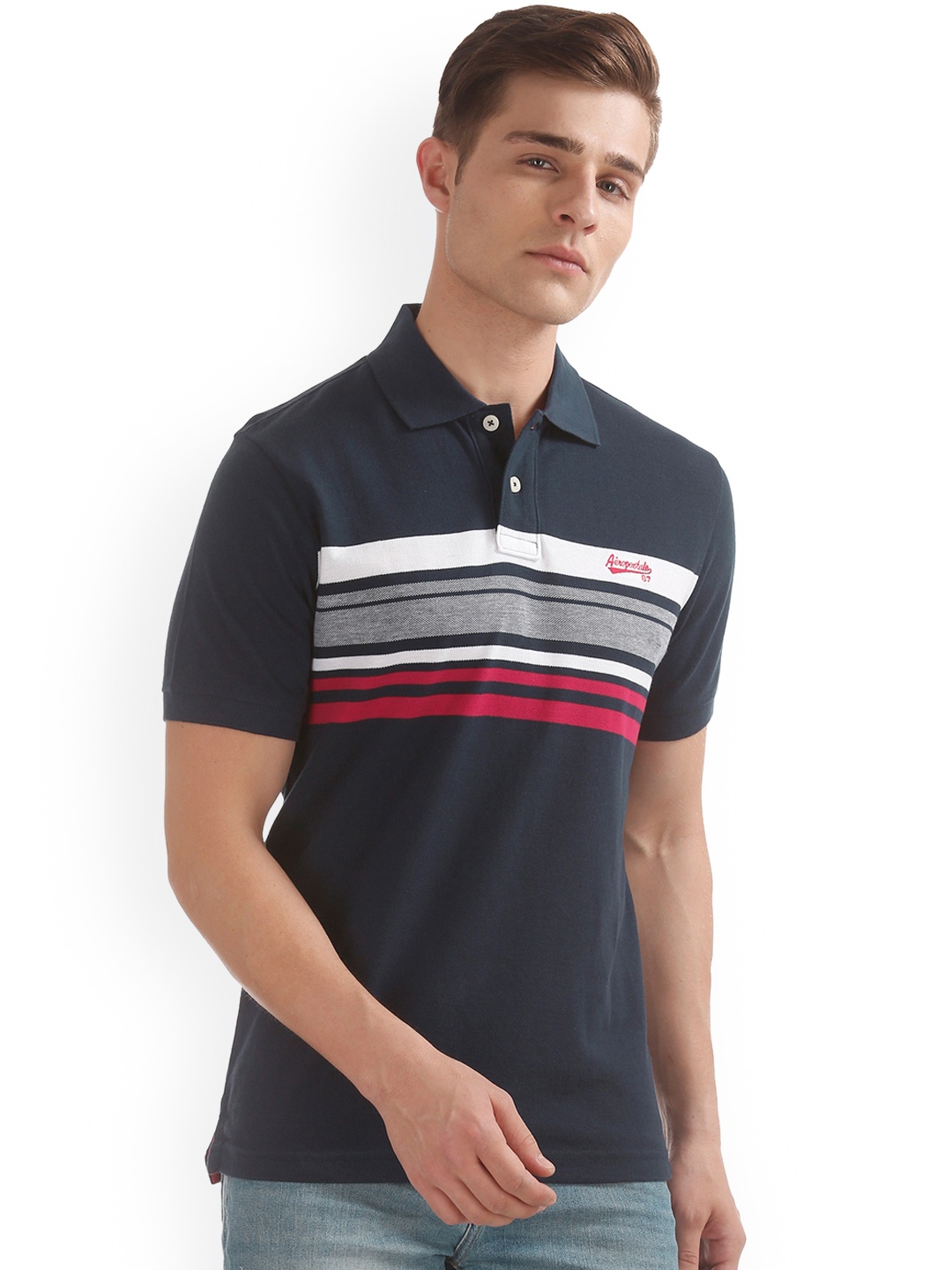 

Aeropostale Men Blue Striped Polo Collar T-shirt