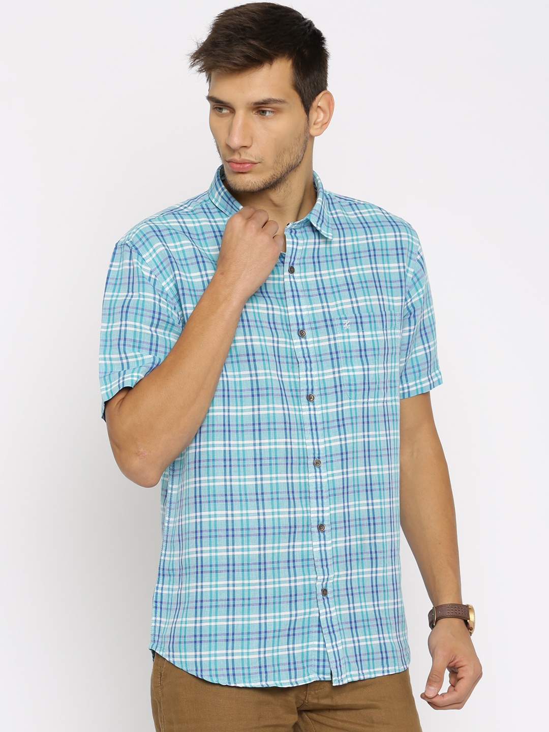 

IZOD Turquoise Blue & White Checked Slim Fit Linen Casual Shirt