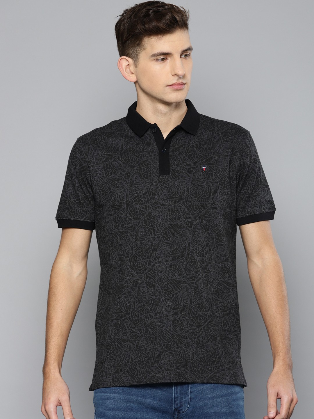 

Louis Philippe Jeans Men Black & Charcoal Grey Printed Polo Collar T-shirt
