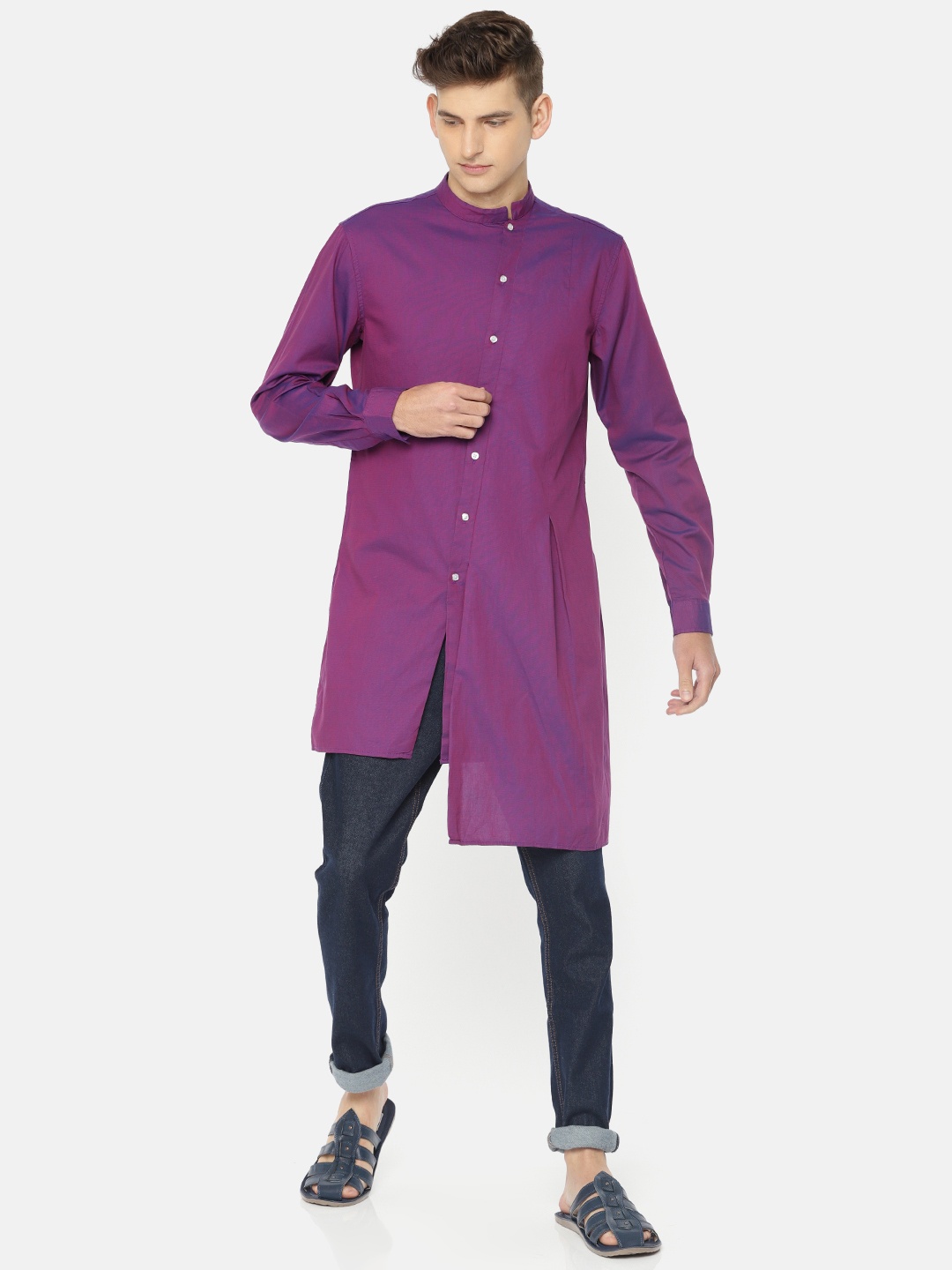 

Freehand Men Purple Solid Straight Kurta