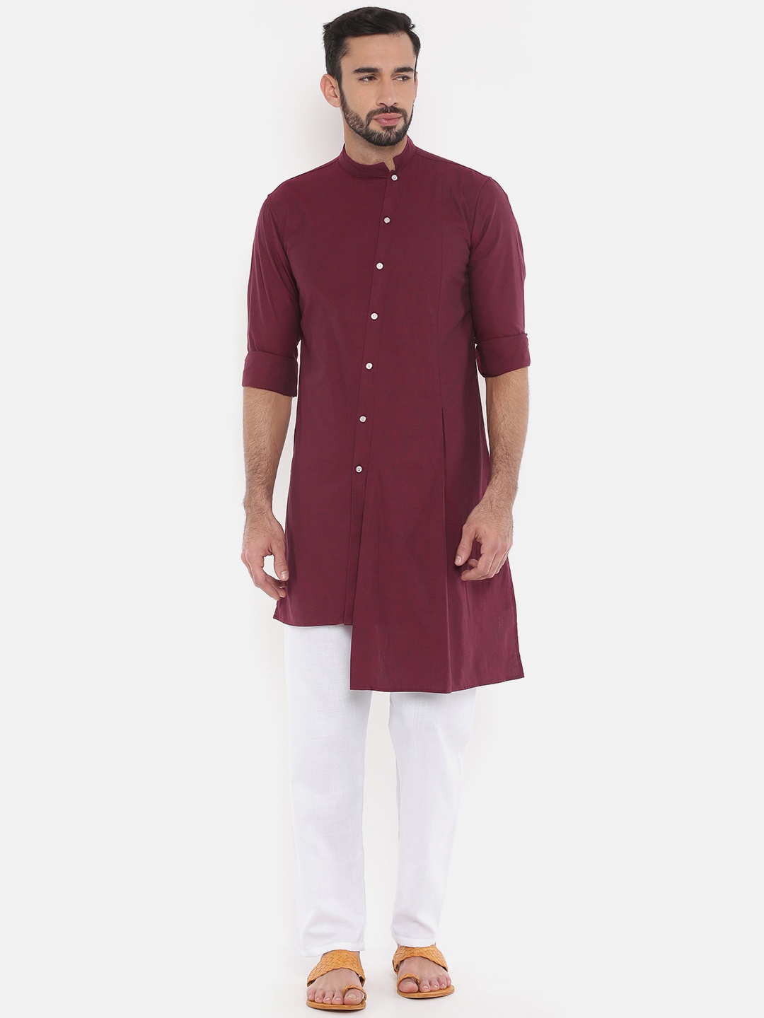 

Freehand Men Burgundy Solid Straight Kurta