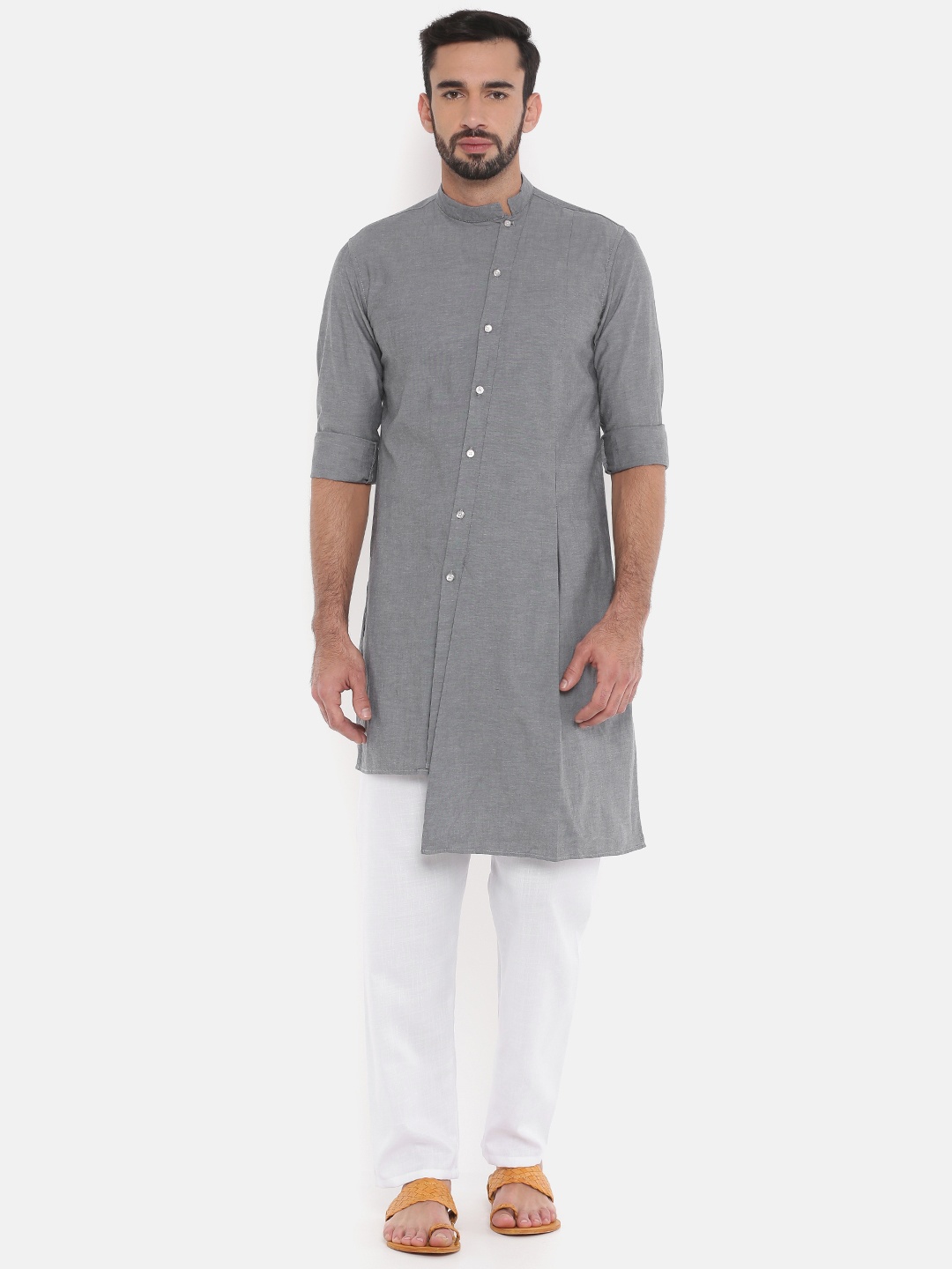 

Freehand Men Grey Solid Straight Kurta
