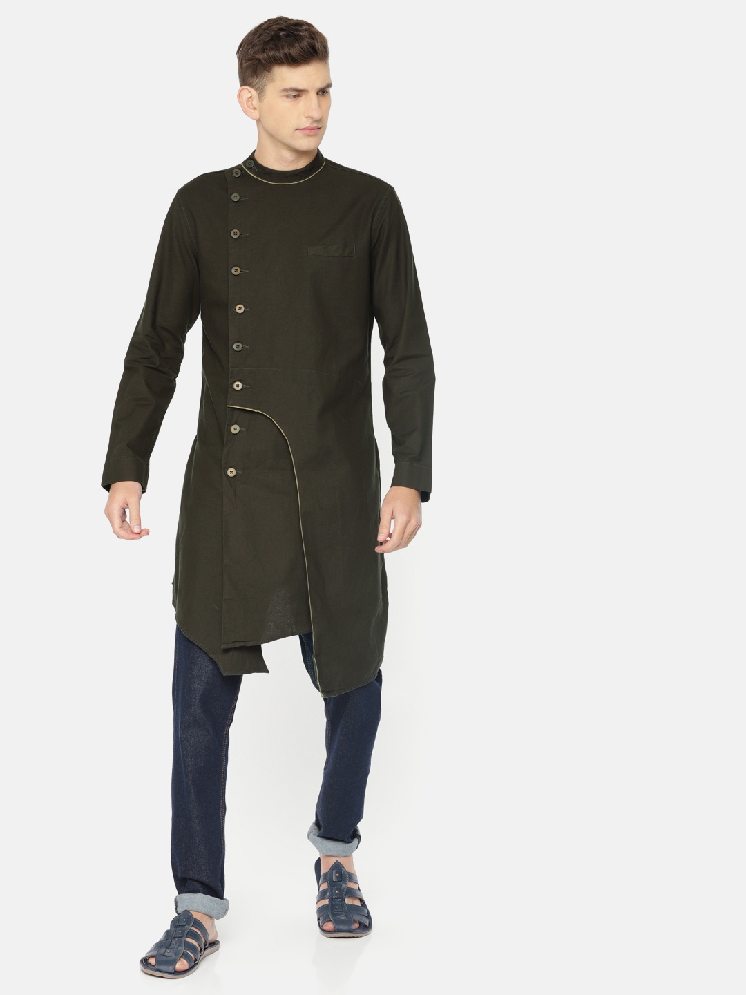 

Freehand Men Olive Green Solid Asymmetric Straight Kurta